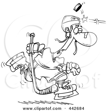 Royalty-Free (RF) Clip Art Illustration of a Cartoon Black And White Outline Design Of A Puck Hitting A Hockey Player by toonaday