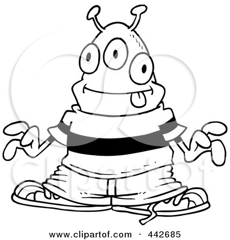Royalty-Free (RF) Clip Art Illustration of a Cartoon Black And White Outline Design Of A Hip Hop Alien by toonaday