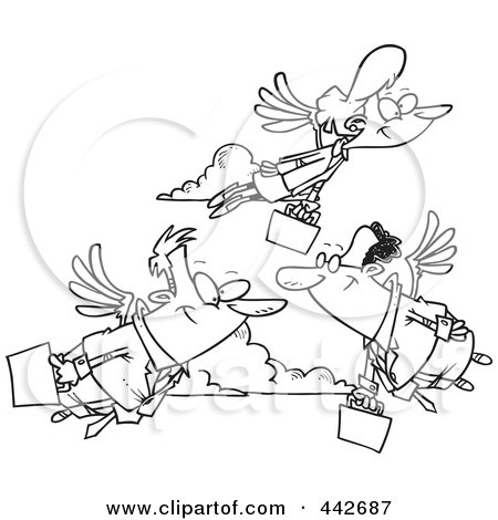Royalty-Free (RF) Clip Art Illustration of a Cartoon Black And White Outline Design Of Flying Commuters Heading To Work by toonaday