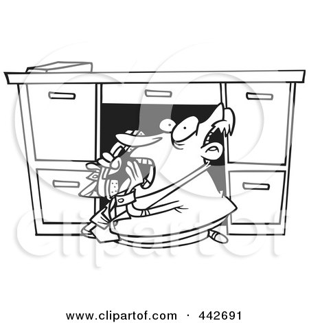 Royalty-Free (RF) Clip Art Illustration of a Cartoon Black And White Outline Design Of A Businessman Hiding Under His Desk And Calling The Police by toonaday