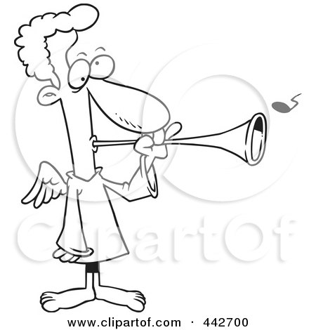Royalty-Free (RF) Clip Art Illustration of a Cartoon Black And White Outline Design Of Herald The Angel Blowing A Horn by toonaday