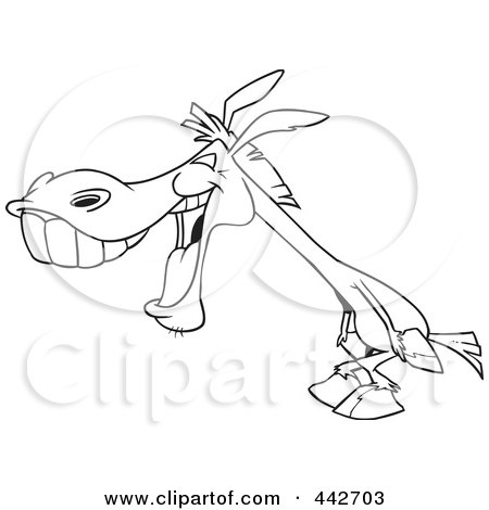 Royalty-Free (RF) Clip Art Illustration of a Cartoon Black And White Outline Design Of A Donkey Laughing by toonaday