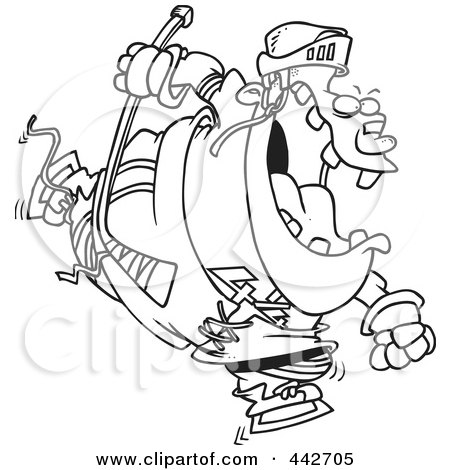Royalty-Free (RF) Clip Art Illustration of a Cartoon Black And White Outline Design Of A Fat Hockey Player by toonaday