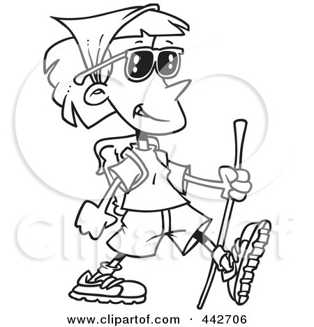 Royalty-Free (RF) Clip Art Illustration of a Cartoon Black And White Outline Design Of A Cartoon Hiking Lady by toonaday