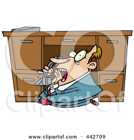 Royalty-Free (RF) Clip Art Illustration of a Cartoon Businessman Hiding Under His Desk And Calling The Police by toonaday