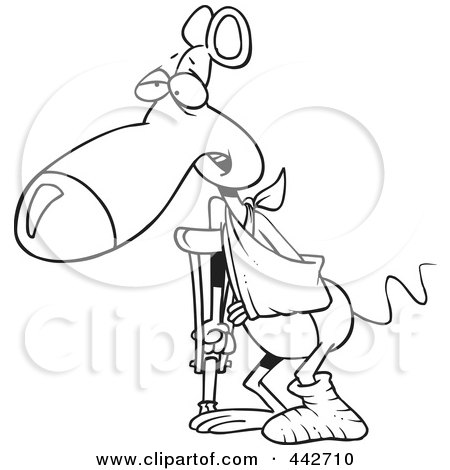 Royalty-Free (RF) Clip Art Illustration of a Cartoon Black And White Outline Design Of A Rat With A Cast, Sling And Crutch by toonaday