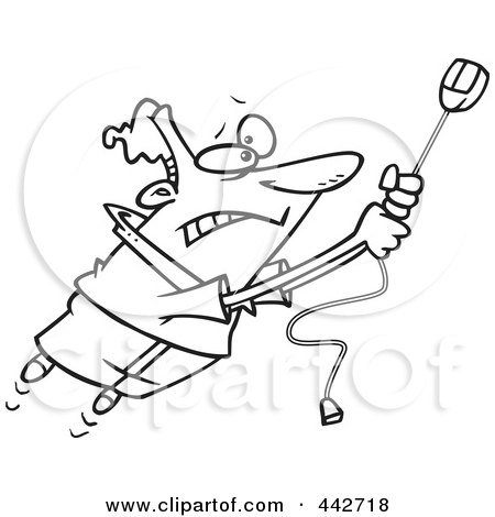 Royalty-Free (RF) Clip Art Illustration of a Cartoon Black And White Outline Design Of A Man Swinging On A High Speed Internet Computer Mouse by toonaday