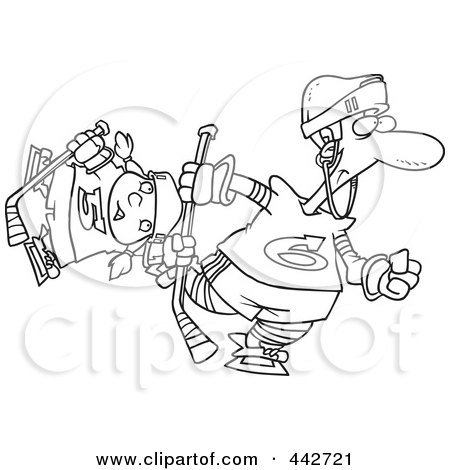 Royalty-Free (RF) Clip Art Illustration of a Cartoon Black And White Outline Design Of A Father And Daughter Playing Hockey by toonaday