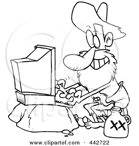 Royalty-Free (RF) Clip Art Illustration of a Cartoon Black And White Outline Design Of A Male Hillbilly Using A Computer by toonaday