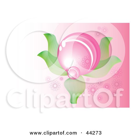 Clipart Illustration of a Drop Of Pink Dew Resting On Green Leaves by kaycee