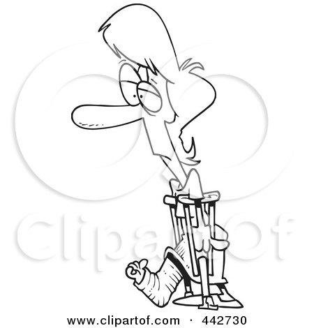 Royalty-Free (RF) Clip Art Illustration of a Cartoon Black And White Outline Design Of A Woman With A Cast And Crutches by toonaday