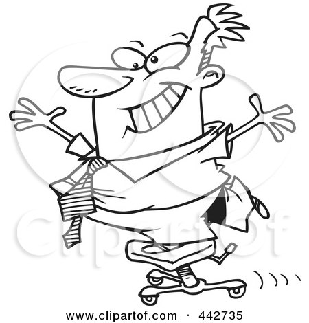 Royalty-Free (RF) Clip Art Illustration of a Cartoon Black And White Outline Design Of A Businessman Standing On A Rolling Office Chair by toonaday