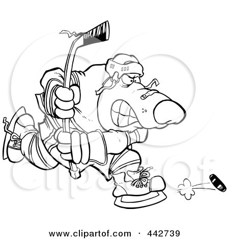 Royalty-Free (RF) Clip Art Illustration of a Cartoon Black And White Outline Design Of A Bear Hockey Player by toonaday