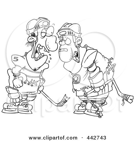 Royalty-Free (RF) Clip Art Illustration of a Cartoon Black And White Outline Design Of Fighting Hockey Players by toonaday