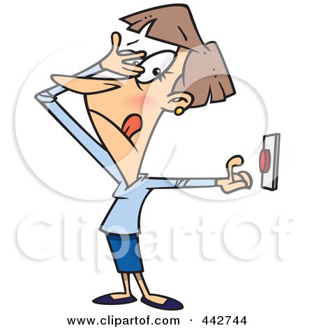 Royalty-Free (RF) Clip Art Illustration of a Cartoon Woman Hesitating To Push A Button by toonaday