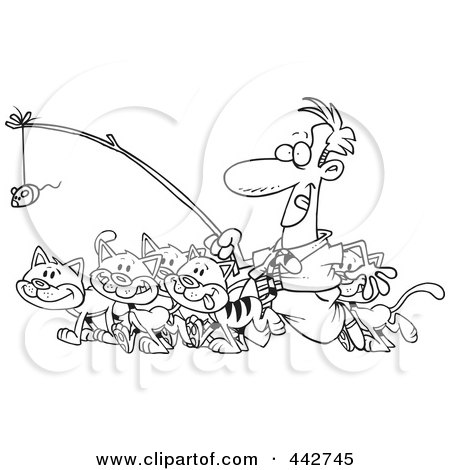 Royalty-Free (RF) Clip Art Illustration of a Cartoon Black And White Outline Design Of A Businessman Herding Cats by toonaday
