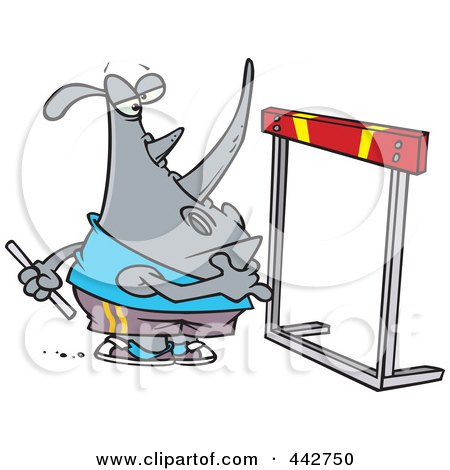 Royalty-Free (RF) Clip Art Illustration of a Cartoon Rhino Staring At A Hurdle by toonaday