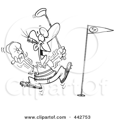 Royalty-Free (RF) Clip Art Illustration of a Cartoon Black And White Outline Design Of A Golfer Celebrating A Hole In One by toonaday