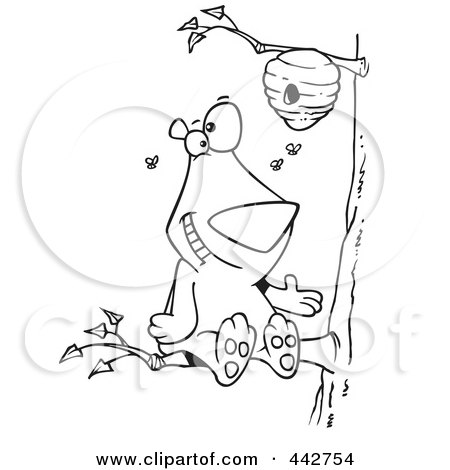 Royalty-Free (RF) Clip Art Illustration of a Cartoon Black And White Outline Design Of A Bear Sitting On A Branch And Getting Honey by toonaday