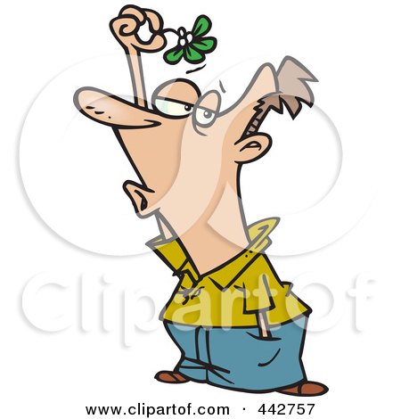 Royalty-Free (RF) Clip Art Illustration of a Cartoon Hopeful Man Holding Mistletoe Over His Head by toonaday