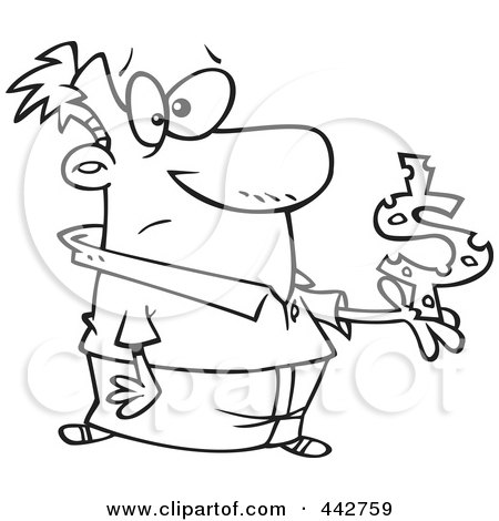 Royalty-Free (RF) Clip Art Illustration of a Cartoon Black And White Outline Design Of A Man Holding A Dollar Symbol With Holes by toonaday