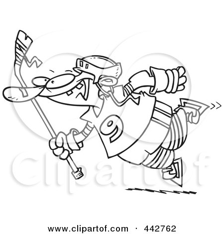 Royalty-Free (RF) Clip Art Illustration of a Cartoon Black And White Outline Design Of A Leaping Hockey Player by toonaday