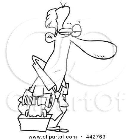 Royalty-Free (RF) Clip Art Illustration of a Cartoon Black And White Outline Design Of A Tired Businessman Heading Home by toonaday