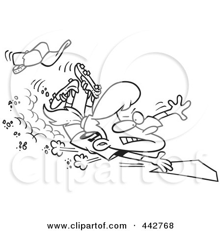 Royalty-Free (RF) Clip Art Illustration of a Cartoon Black And White Outline Design Of A Baseball Girl Sliding Home by toonaday