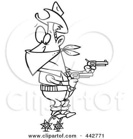 Royalty-Free (RF) Clip Art Illustration of a Cartoon Black And White Outline Design Of A Cowboy Balanced On His Spurs During A Hold Up by toonaday