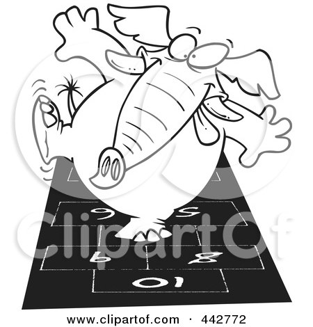 Royalty-Free (RF) Clip Art Illustration of a Cartoon Black And White Outline Design Of An Elephant Playing Hop Scotch by toonaday