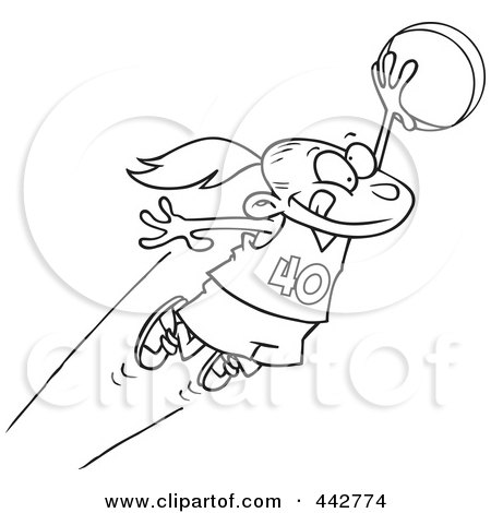 Royalty-Free (RF) Clip Art Illustration of a Cartoon Black And White Outline Design Of A Girl Leaping With A Basketball by toonaday