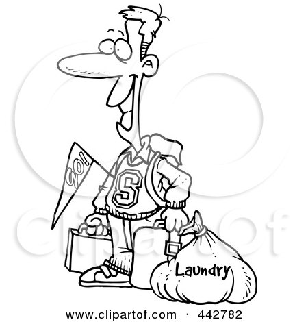 Royalty-Free (RF) Clip Art Illustration of a Cartoon Black And White Outline Design Of A College Boy Returning Home With Dirty Laundry by toonaday