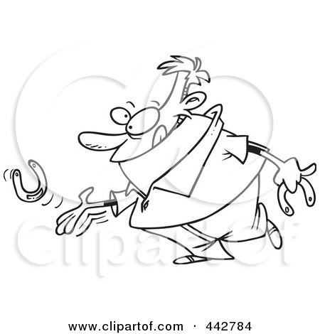 Royalty-Free (RF) Clip Art Illustration of a Cartoon Black And White Outline Design Of A Man Throwing Horseshoes by toonaday