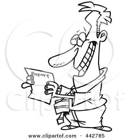 Royalty-Free (RF) Clip Art Illustration of a Cartoon Black And White Outline Design Of A Hopeful Businessman Holding A Report by toonaday
