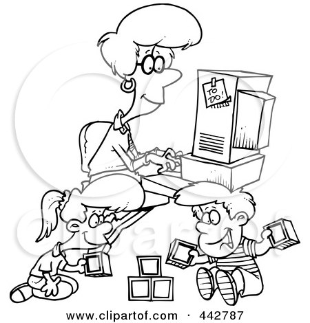 Royalty-Free (RF) Clip Art Illustration of a Cartoon Black And White Outline Design Of A Woman Working On Her Computer As Her Kids Play by toonaday