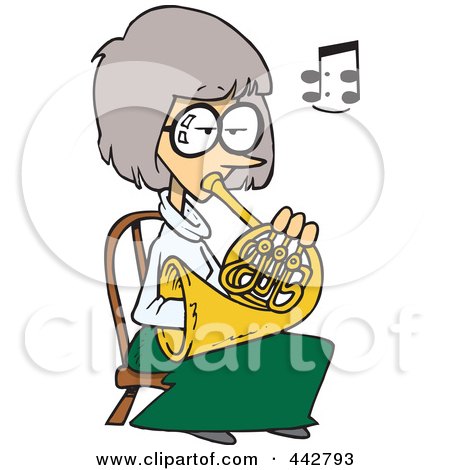 Royalty-Free (RF) Clip Art Illustration of a Cartoon Woman Playing A French Horn by toonaday