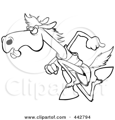 Royalty-Free (RF) Clip Art Illustration of a Cartoon Black And White Outline Design Of A Racing Horse by toonaday