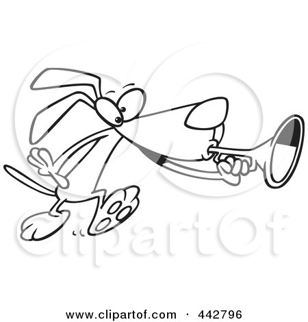 Royalty-Free (RF) Clip Art Illustration of a Cartoon Black And White Outline Design Of A Dog Playing A Horn by toonaday