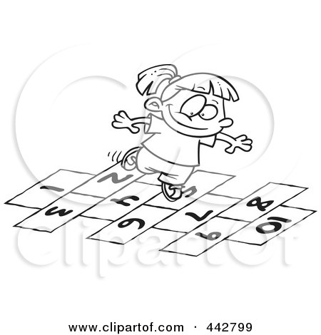 Royalty-Free (RF) Clip Art Illustration of a Cartoon Black And White Outline Design Of A Girl Playing Hop Scotch by toonaday