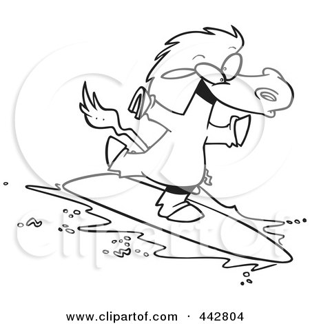 Royalty-Free (RF) Clip Art Illustration of a Cartoon Black And White Outline Design Of A Surfing Horse by toonaday