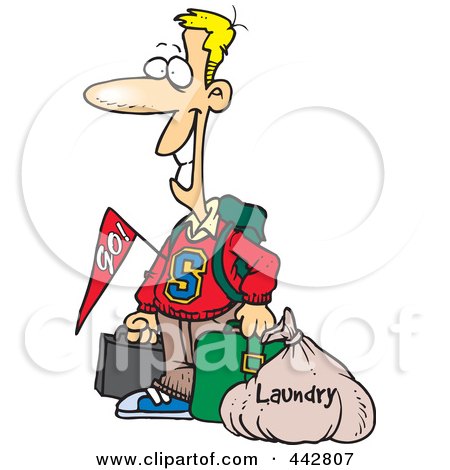 Royalty-Free (RF) Clip Art Illustration of a Cartoon College Boy Returning Home With Dirty Laundry by toonaday