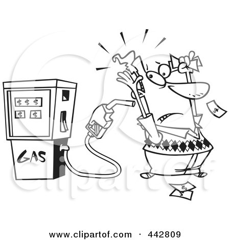 Royalty-Free (RF) Clip Art Illustration of a Cartoon Black And White Outline Design Of A Gas Pump Holding Up A Customer by toonaday