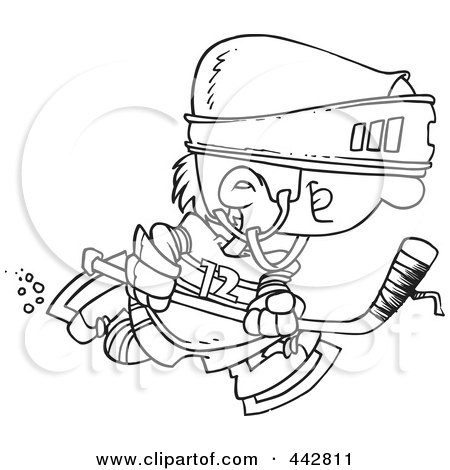 Royalty-Free (RF) Clip Art Illustration of a Cartoon Black And White Outline Design Of A Boy Hockey Player by toonaday