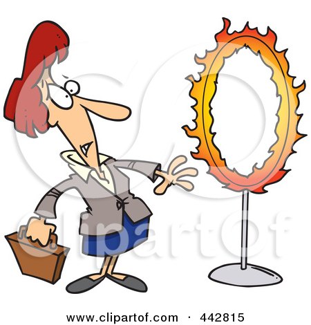 Royalty-Free (RF) Clip Art Illustration of a Cartoon Businesswoman Standing By A Flaming Hoop by toonaday