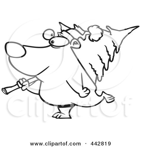 Royalty-Free (RF) Clip Art Illustration of a Cartoon Black And White Outline Design Of A Bear Carrying A Christmas Tree by toonaday