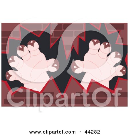 Clipart Illustration of a Pair Of Monster Hands Breaking Through A Wall by kaycee