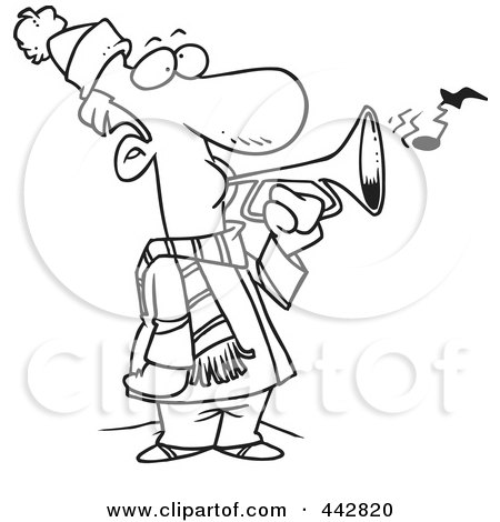 Royalty-Free (RF) Clip Art Illustration of a Cartoon Black And White Outline Design Of A Winter Man Playing A Horn by toonaday