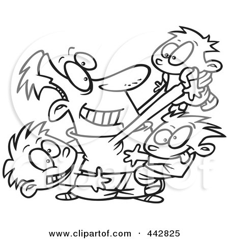 Royalty-Free (RF) Clip Art Illustration of a Cartoon Black And White Outline Design Of A Dad Horse Playing With His Boys by toonaday