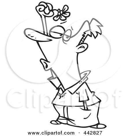 Royalty-Free (RF) Clip Art Illustration of a Cartoon Black And White Outline Design Of A Hopeful Man Holding Mistletoe Over His Head by toonaday