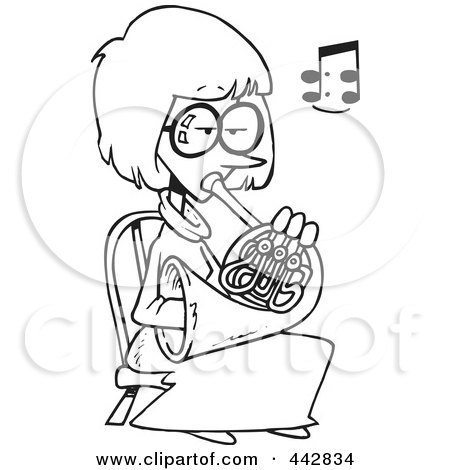 Royalty-Free (RF) Clip Art Illustration of a Cartoon Black And White Outline Design Of A Woman Playing A French Horn by toonaday